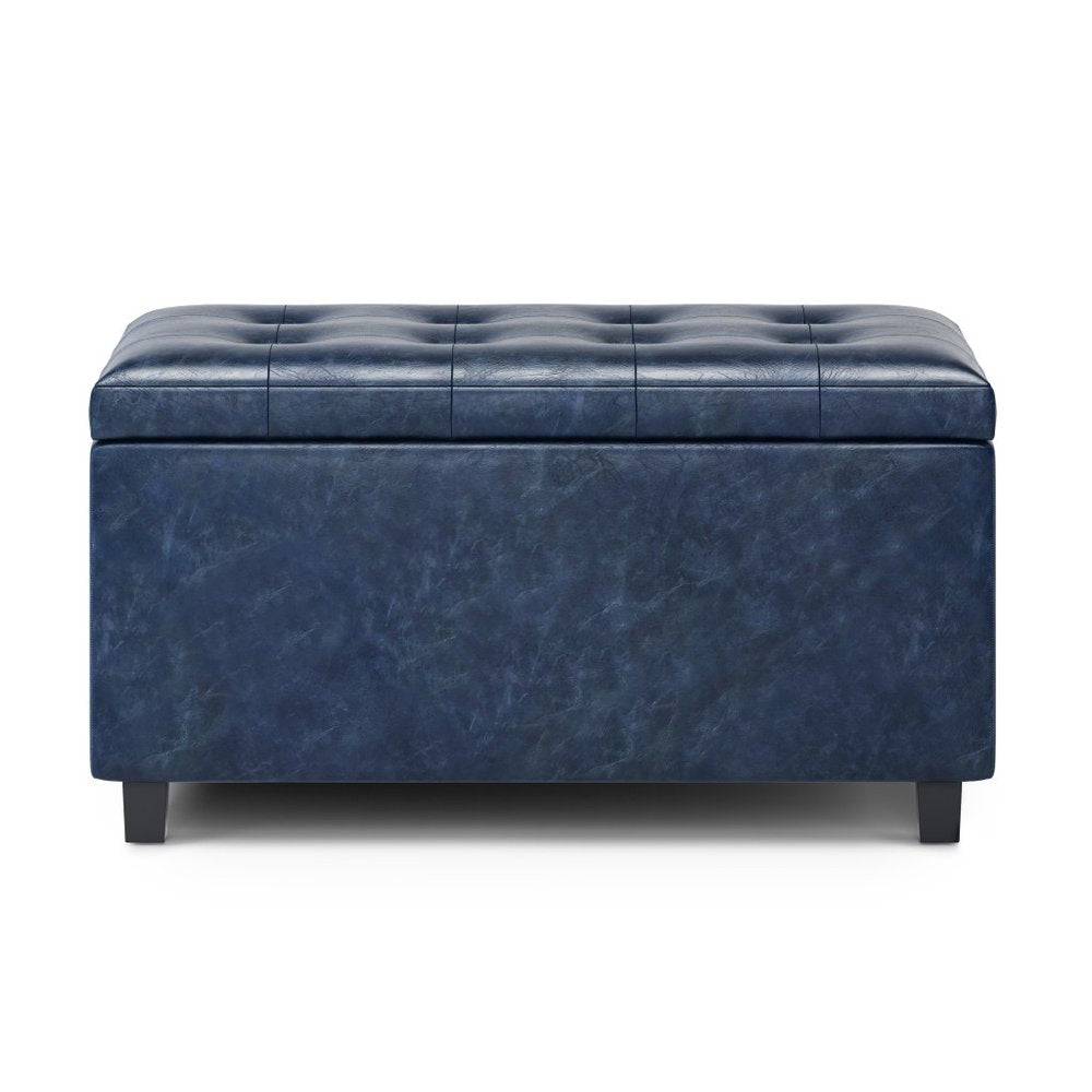 34" Denim Blue And Dark Brown Ottoman With Storage HomeRoots