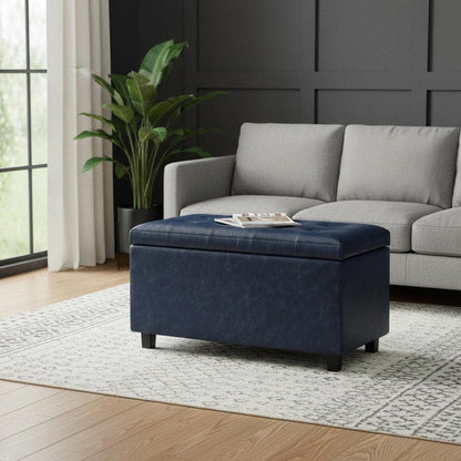 34" Denim Blue And Dark Brown Ottoman With Storage HomeRoots