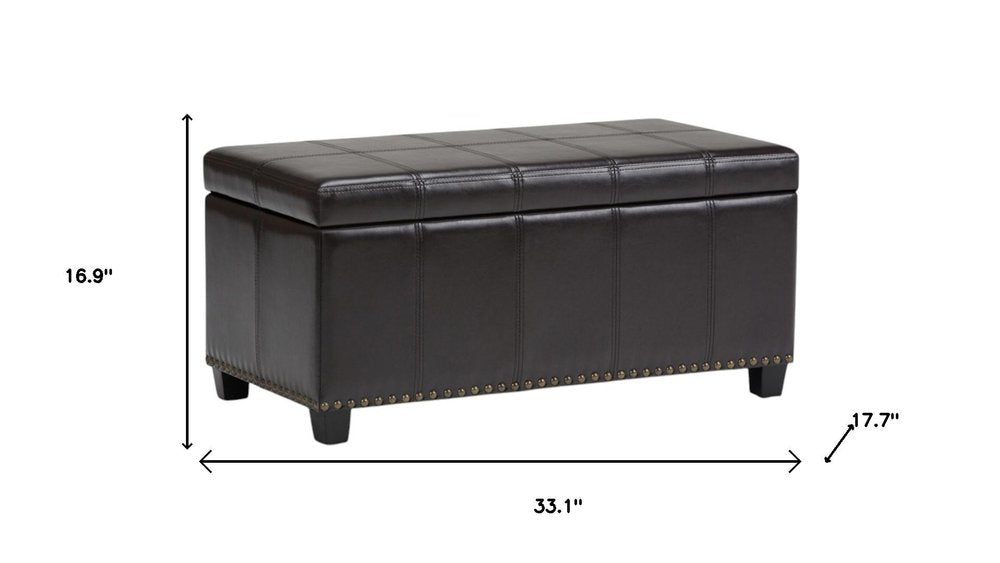 33" Brown And Espresso Faux Leather And Solid Wood Upholstered Storage Bench With Flip Top HomeRoots