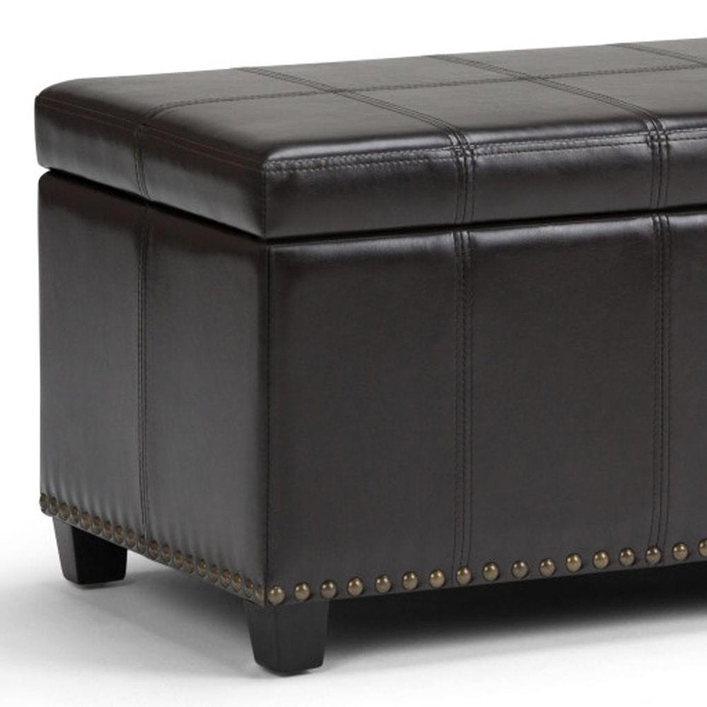 33" Brown And Espresso Faux Leather And Solid Wood Upholstered Storage Bench With Flip Top HomeRoots