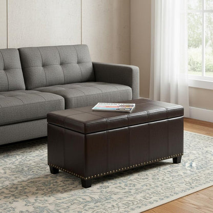 33" Brown And Espresso Faux Leather And Solid Wood Upholstered Storage Bench With Flip Top HomeRoots