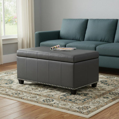 33" Brown And Espresso Faux Leather And Solid Wood Upholstered Storage Bench With Flip Top HomeRoots