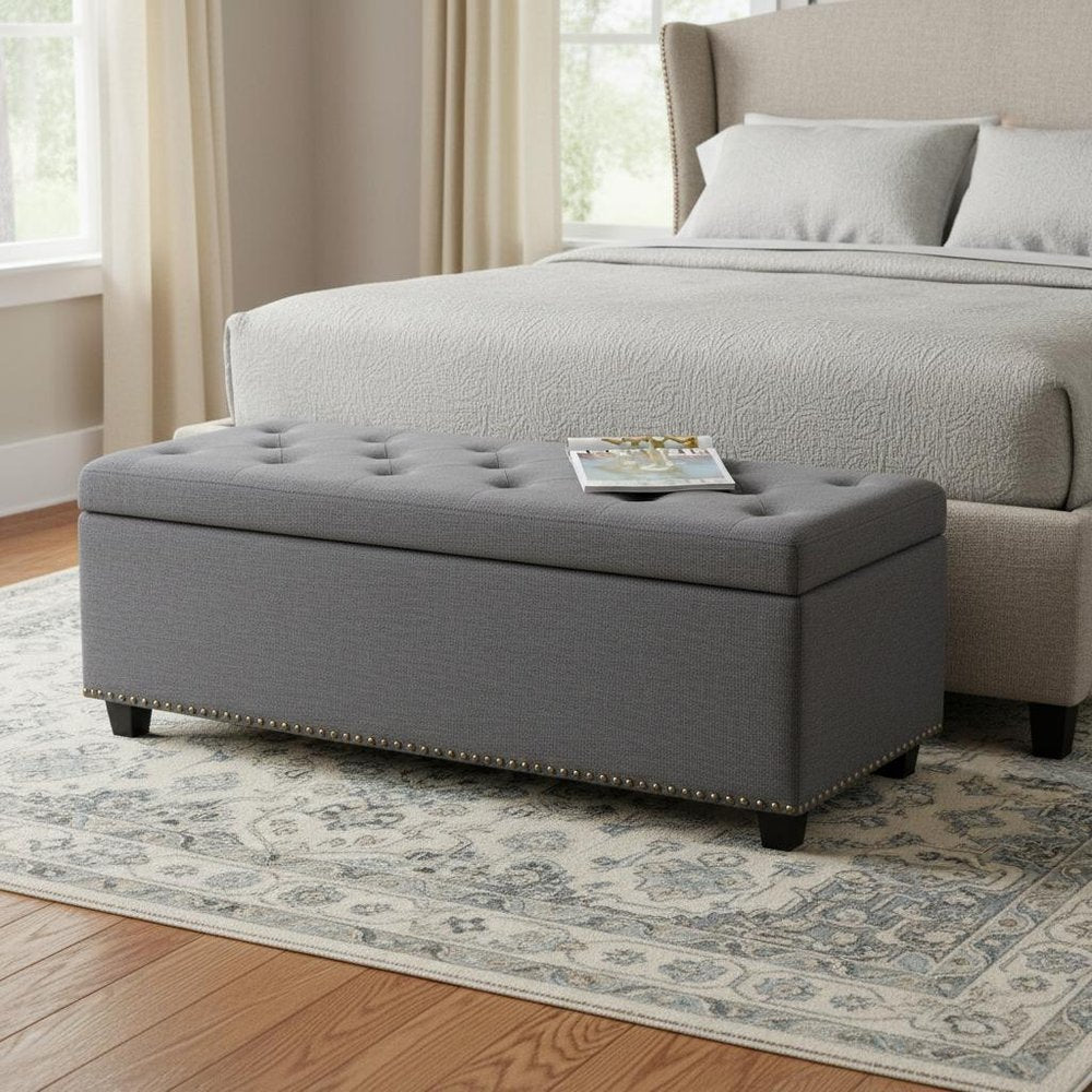 48" Slate Gray And Dark Brown Tufted Ottoman With Storage — view 5