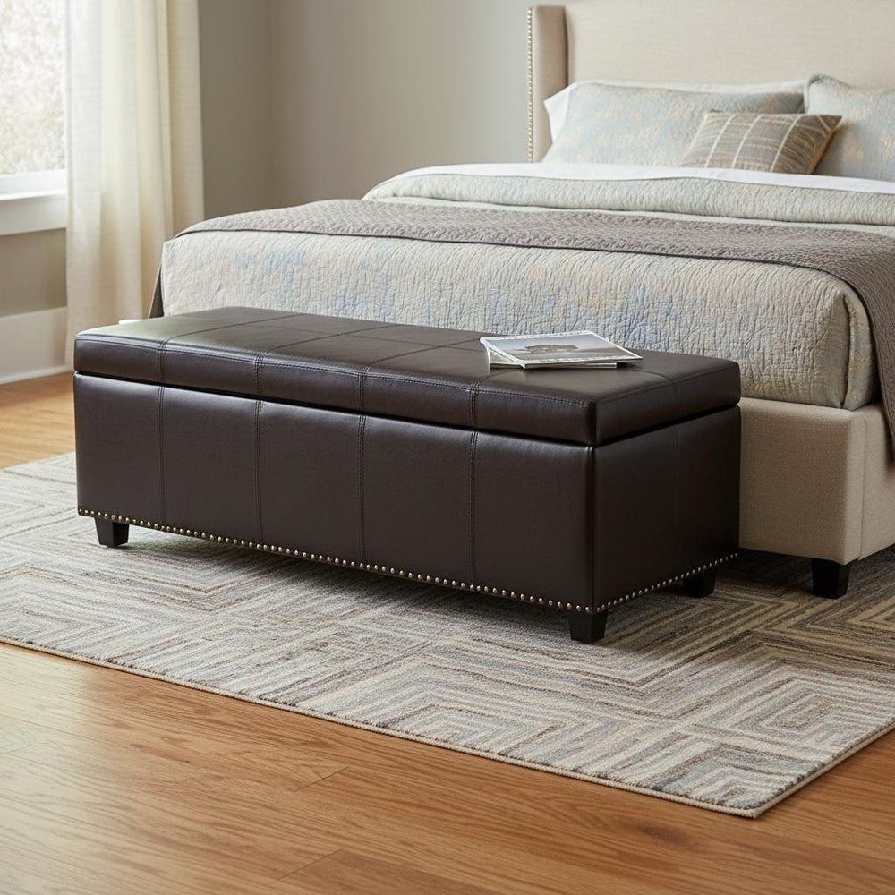 48" Beige And Dark Brown Linen Ottoman With Storage — view 12