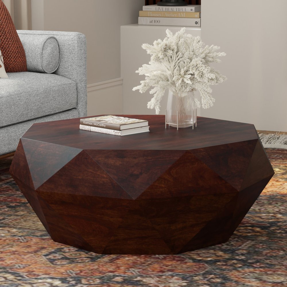 35" Brown Solid Wood Free Form Solid Coffee Table HomeRoots