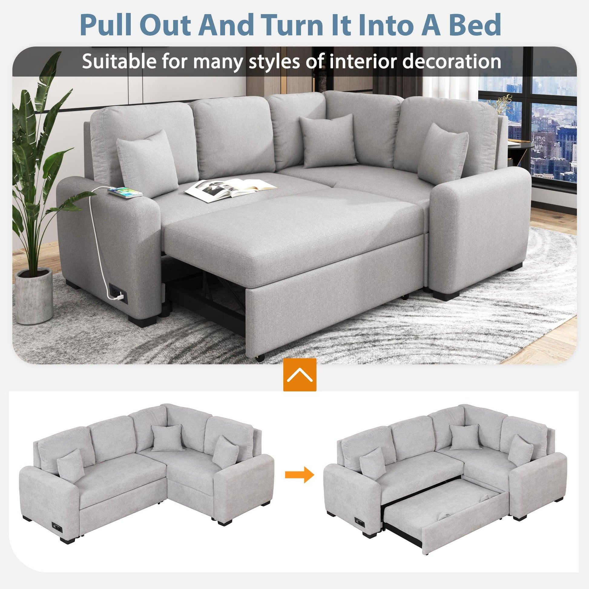 87.4"Sectional Sleeper Sofa with USB Charging Port and Plug Outlet Pull-Out Sofa Bed with 3 Pillows Grey - FurniFindUSA