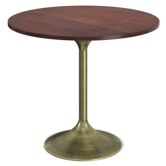 36" Walnut And Antiqued Brass Solid Wood And Iron Pedestal Base Round Top Dining Table