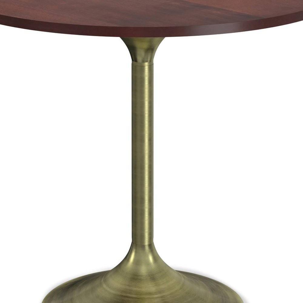 36" Walnut And Antiqued Brass Solid Wood And Iron Pedestal Base Round Top Dining Table HomeRoots