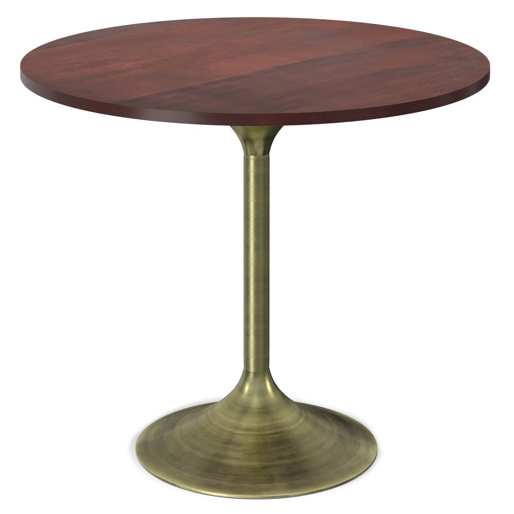 36" Walnut And Antiqued Brass Solid Wood And Iron Pedestal Base Round Top Dining Table — view 3