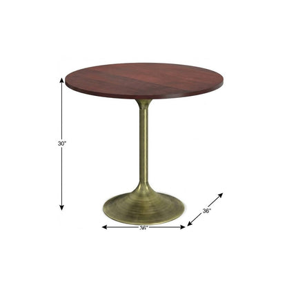 36" Walnut And Antiqued Brass Solid Wood And Iron Pedestal Base Round Top Dining Table HomeRoots