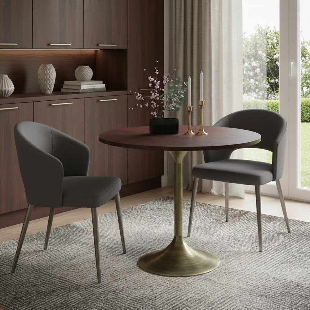 36" Walnut And Antiqued Brass Solid Wood And Iron Pedestal Base Round Top Dining Table — view 1