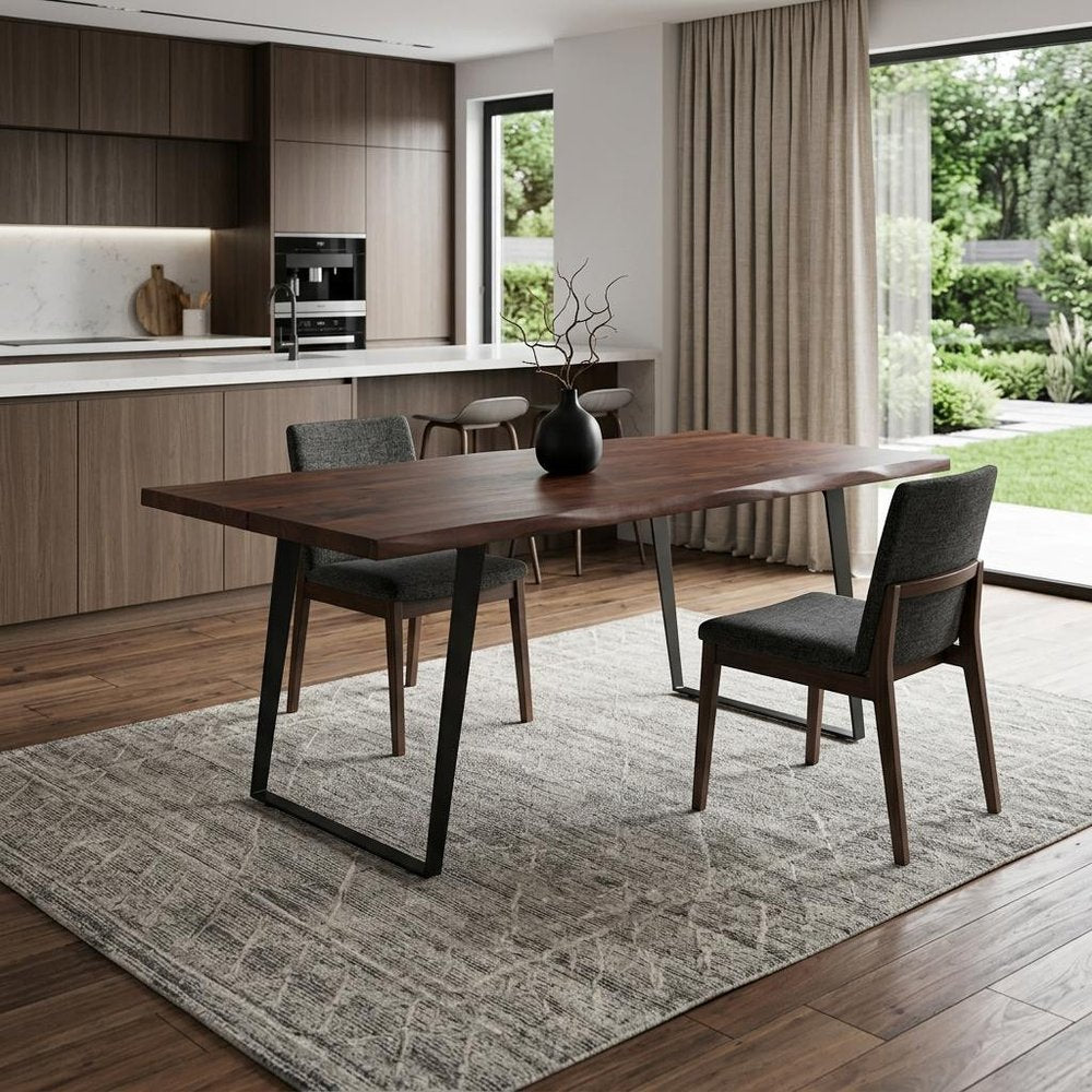 72" Walnut And Black Solid Wood And Iron Sled Base Live Edge Dining Table