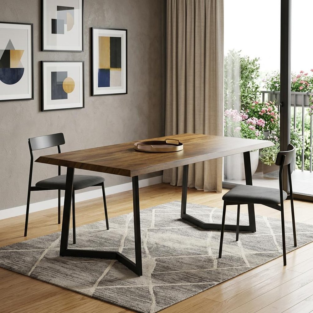 72" Light Brown And Charcoal Solid Wood And Iron Sled Base Dining Table — view 1