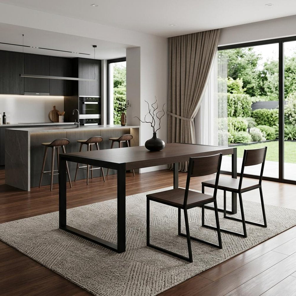 66" Light Brown And Black Solid Wood And Iron Sled Base Dining Table