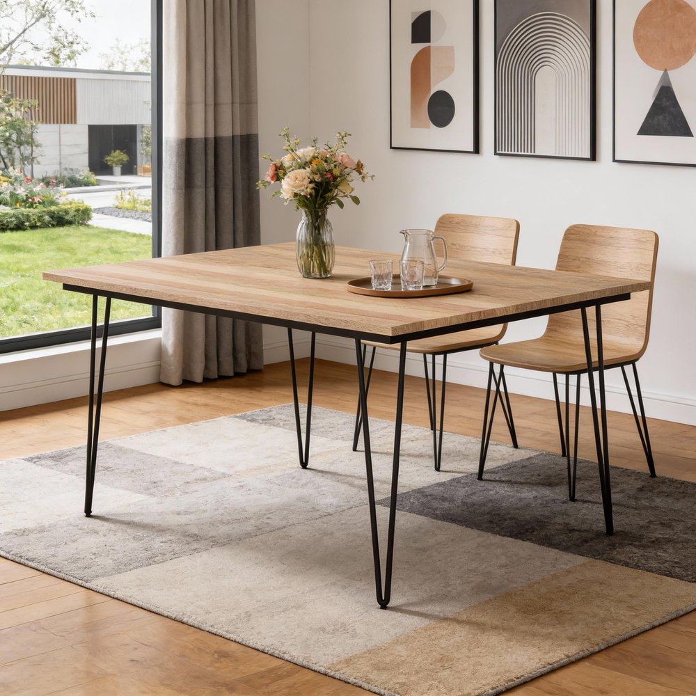 54" Natural and Black Solid Wood and Steel Square Dining Table — view 9