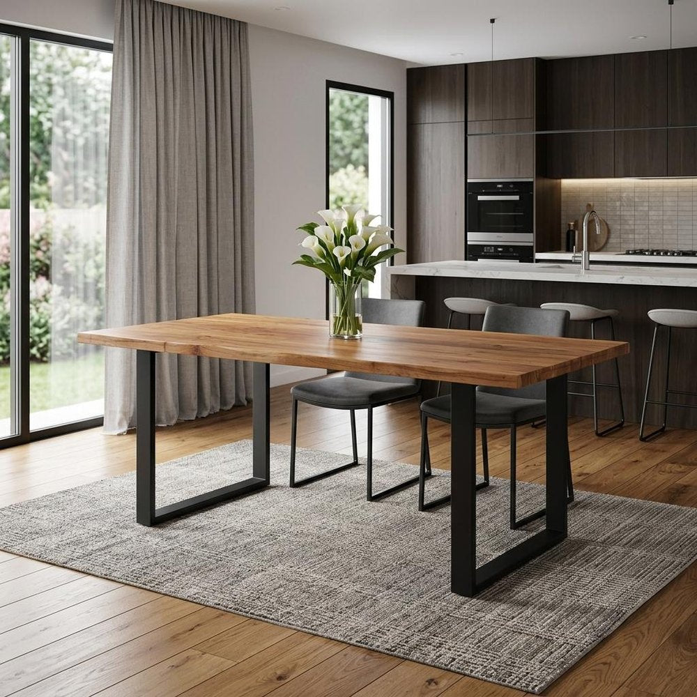 72" Walnut And Black Solid Wood And Iron Sled Base Live Edge Dining Table HomeRoots