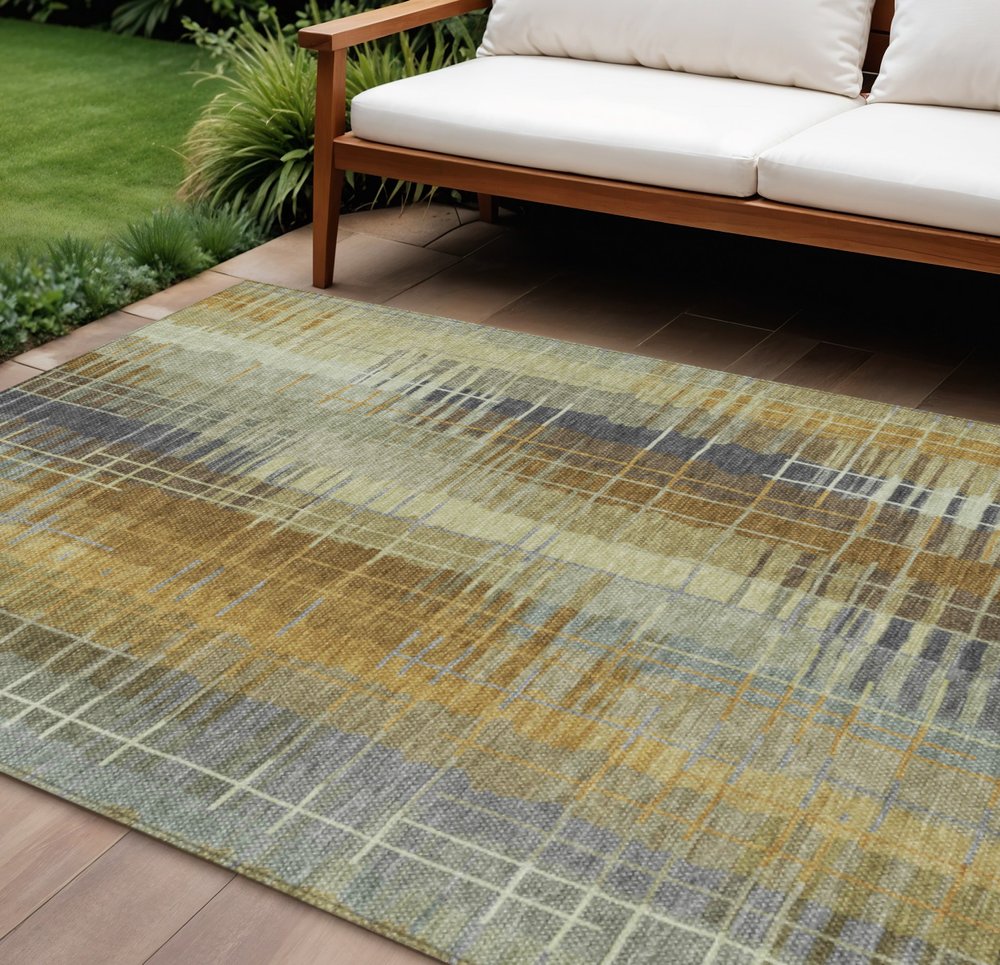 8' X 10' Artichoke Green And Gold Striped Washable Indoor Outdoor Area Rug HomeRoots