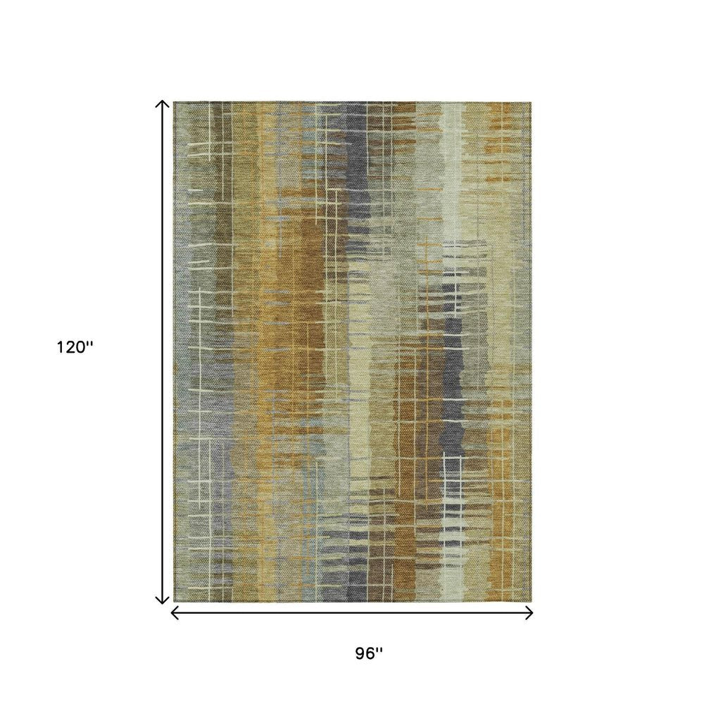 8' X 10' Artichoke Green And Gold Striped Washable Indoor Outdoor Area Rug HomeRoots