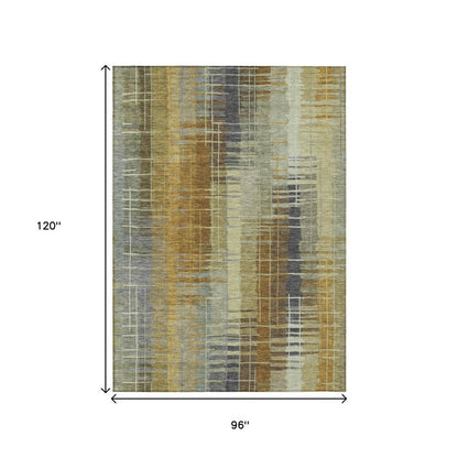 8' X 10' Artichoke Green And Gold Striped Washable Indoor Outdoor Area Rug HomeRoots
