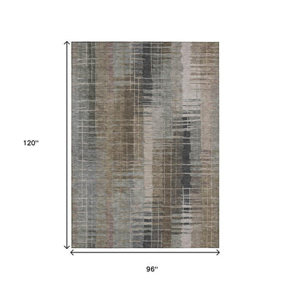 8' X 10' Brown And Gray Striped Washable Indoor Outdoor Area Rug