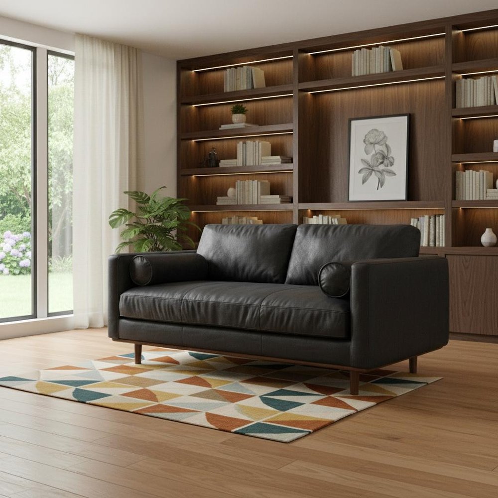 72" Black Leather Sofa With Brown Legs HomeRoots