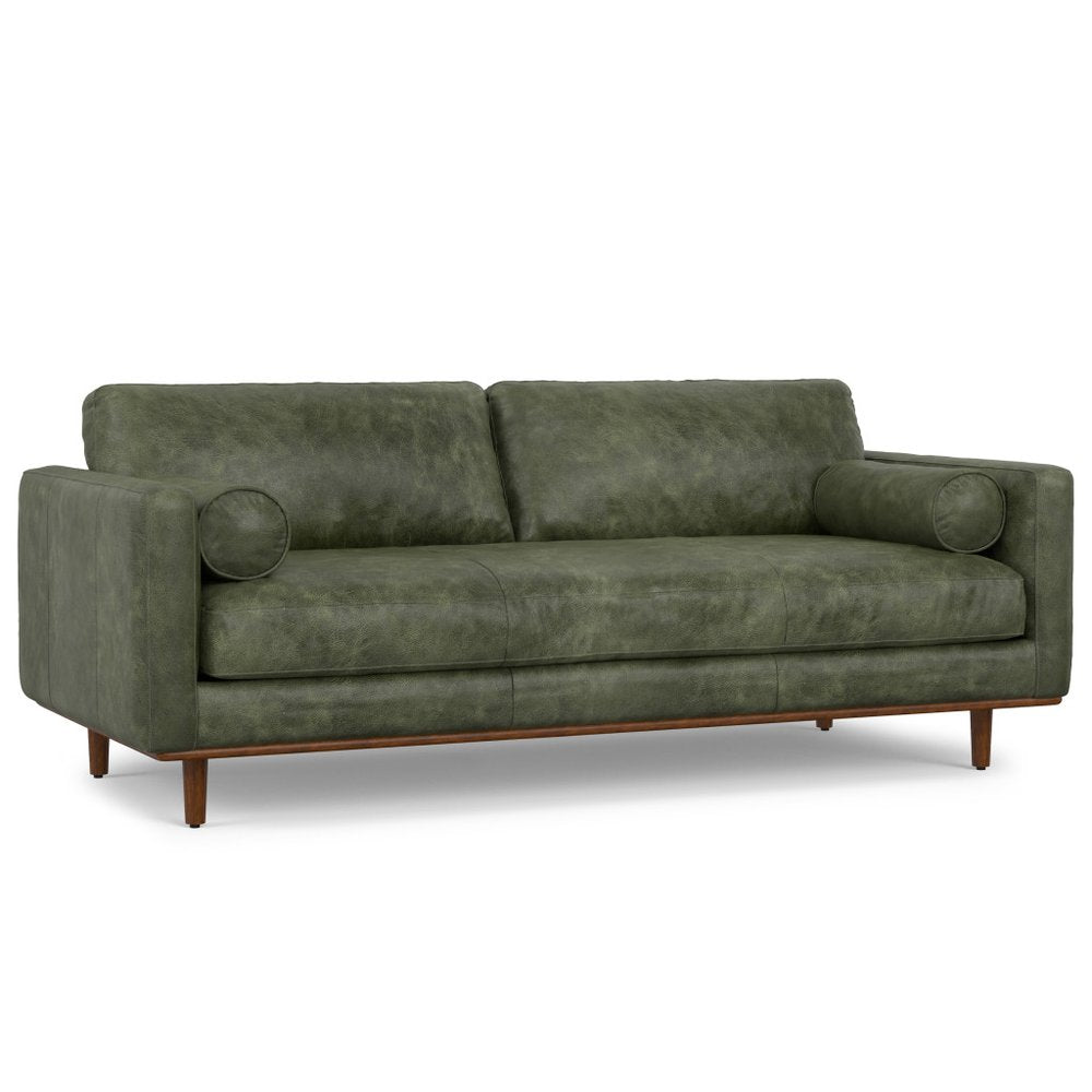 89" Moss Green Leather Sofa With Brown Legs HomeRoots