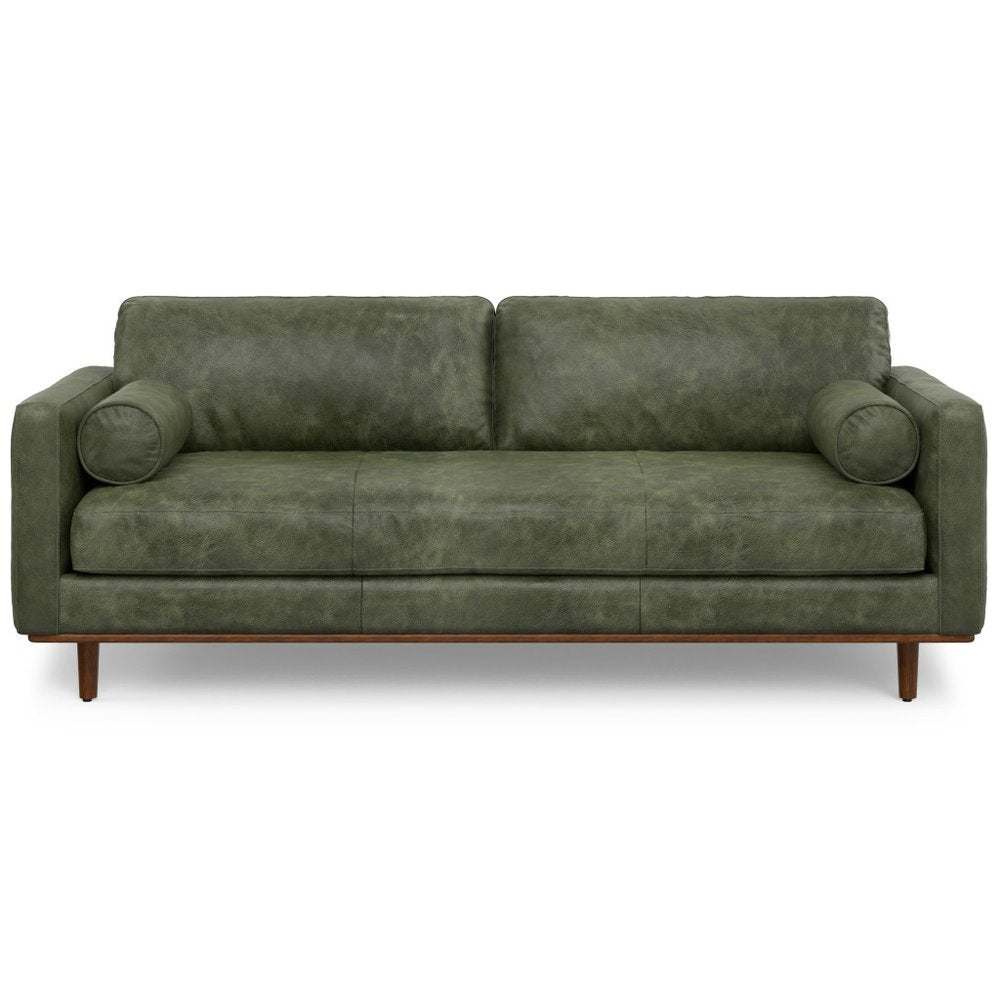 89" Moss Green Leather Sofa With Brown Legs HomeRoots
