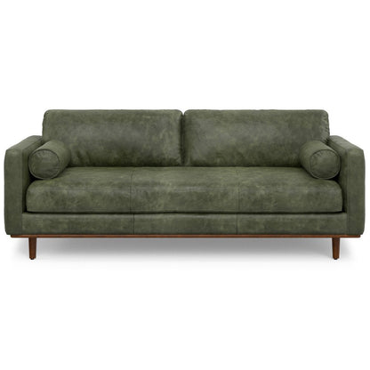 89" Moss Green Leather Sofa With Brown Legs HomeRoots