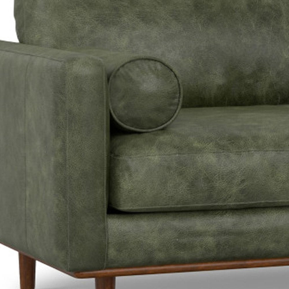 89" Moss Green Leather Sofa With Brown Legs HomeRoots