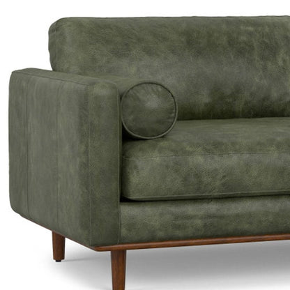 89" Moss Green Leather Sofa With Brown Legs HomeRoots