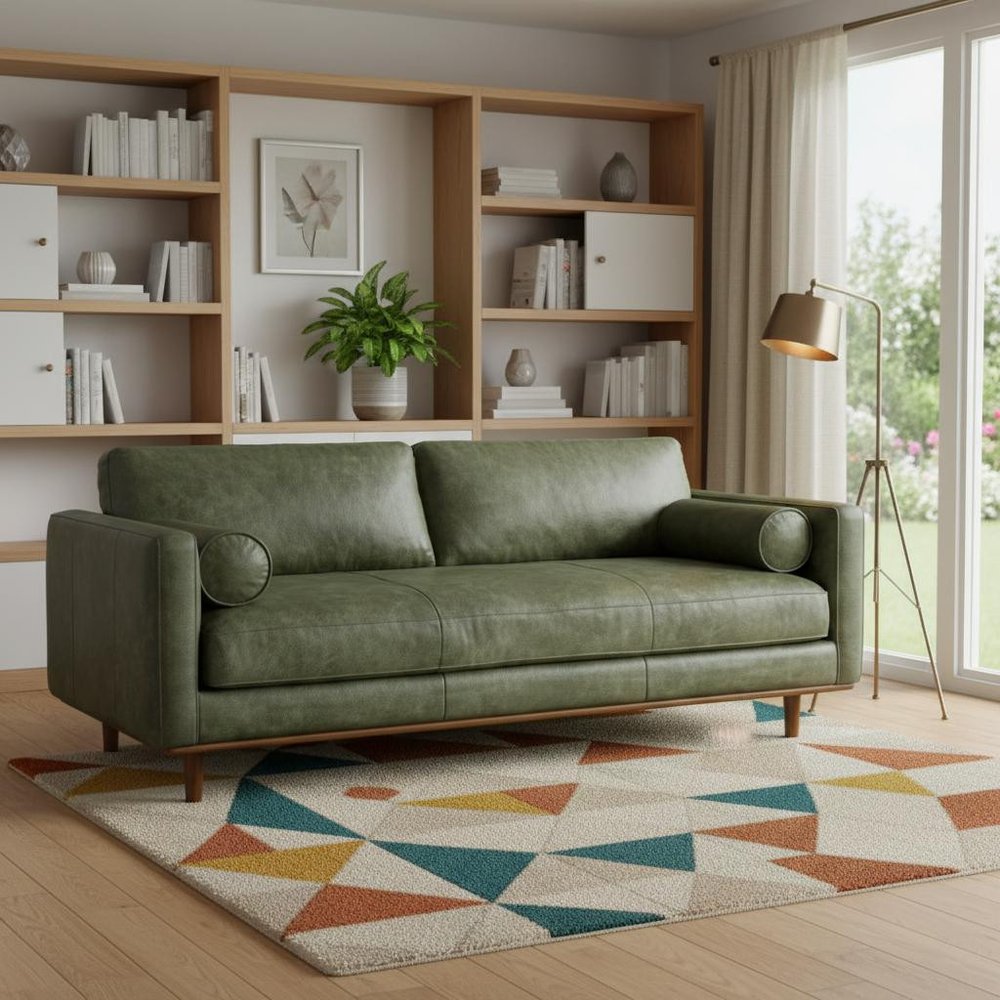 89" Moss Green Leather Sofa With Brown Legs HomeRoots
