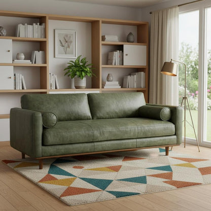 89" Moss Green Leather Sofa With Brown Legs HomeRoots