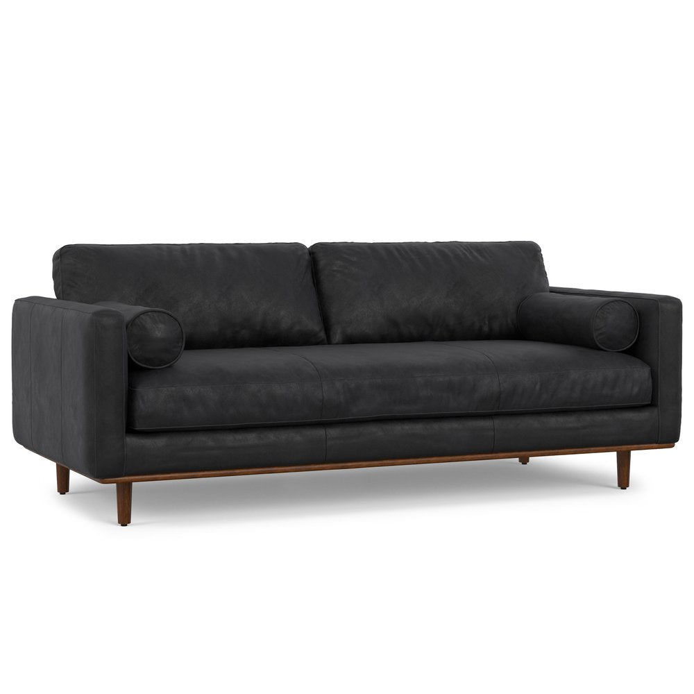 89" Black Leather Sofa With Brown Legs HomeRoots