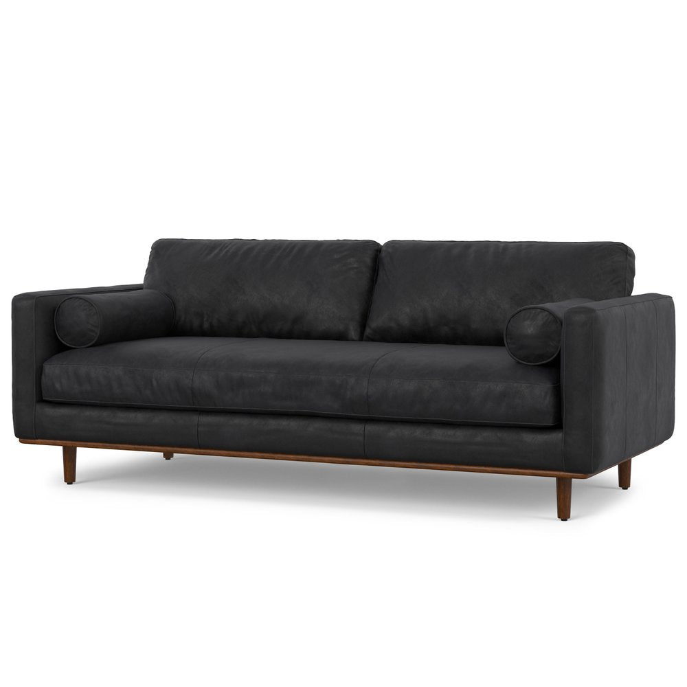 89" Black Leather Sofa With Brown Legs HomeRoots