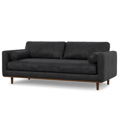 89" Black Leather Sofa With Brown Legs HomeRoots
