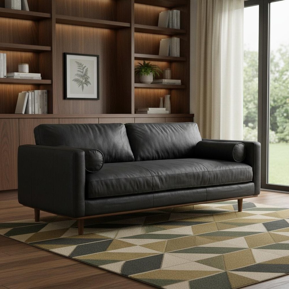 89" Black Leather Sofa With Brown Legs HomeRoots