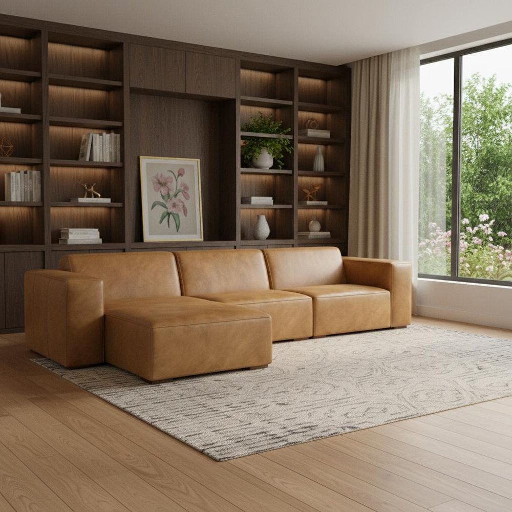 122" Sienna Leather Modular Sofa With Brown Legs HomeRoots