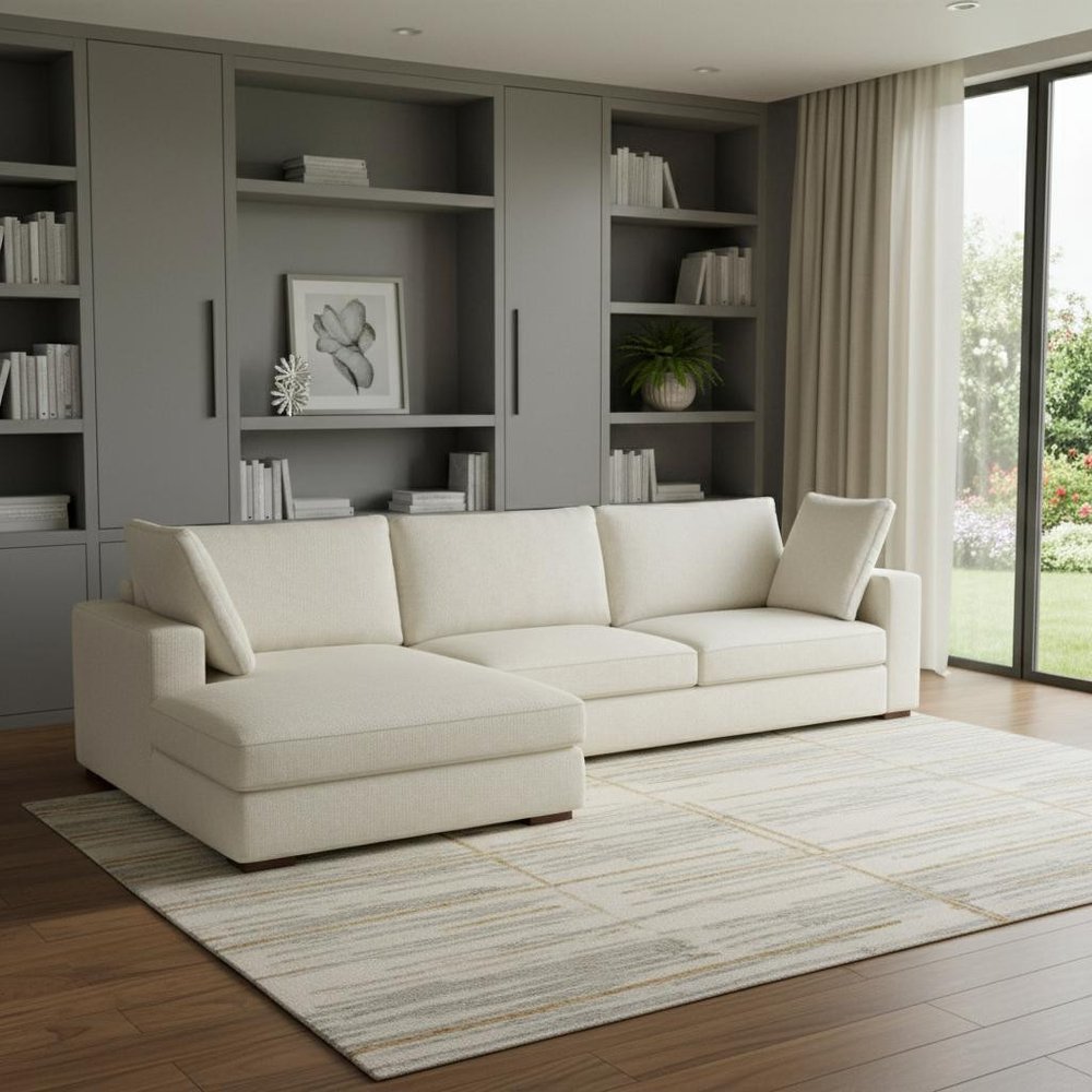 122" Cream Fabric Sofa With Brown Legs HomeRoots