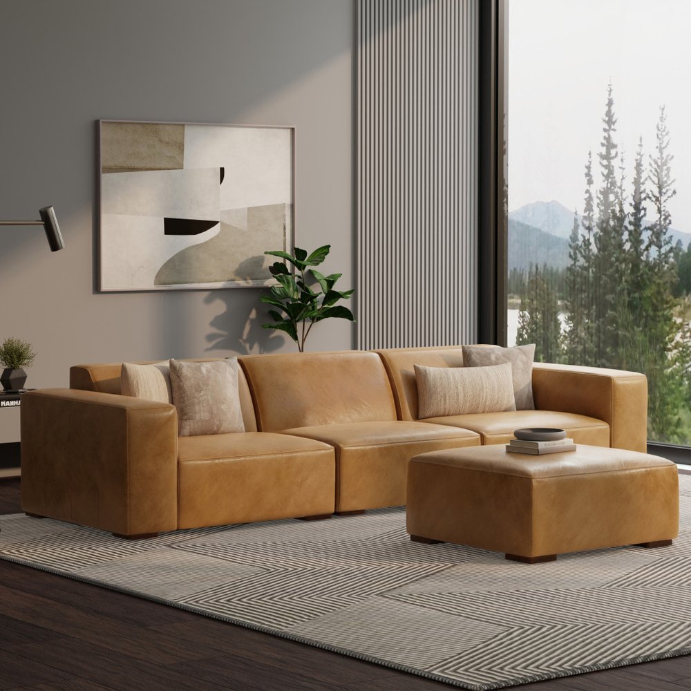 122" Sienna Leather Sofa With Ottoman With Brown Legs HomeRoots