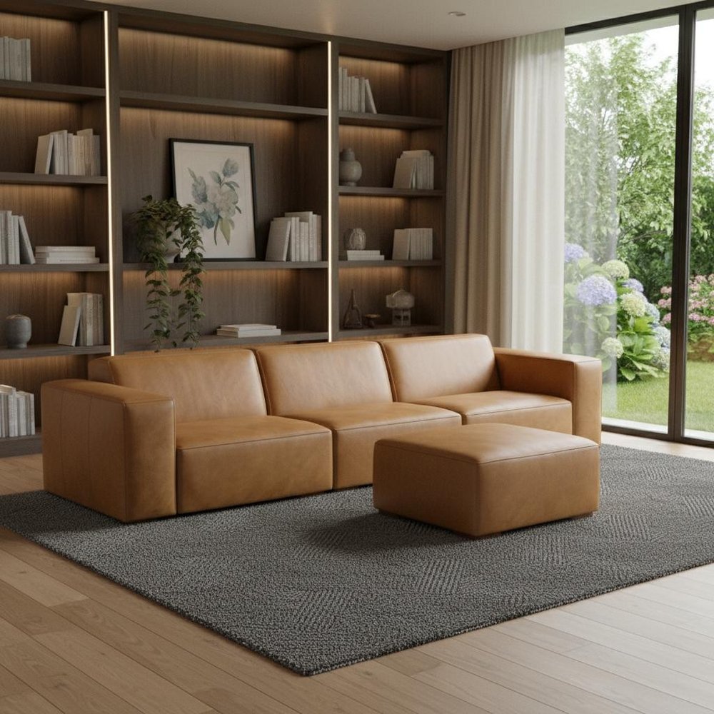 122" Sienna Leather Sofa With Ottoman With Brown Legs HomeRoots