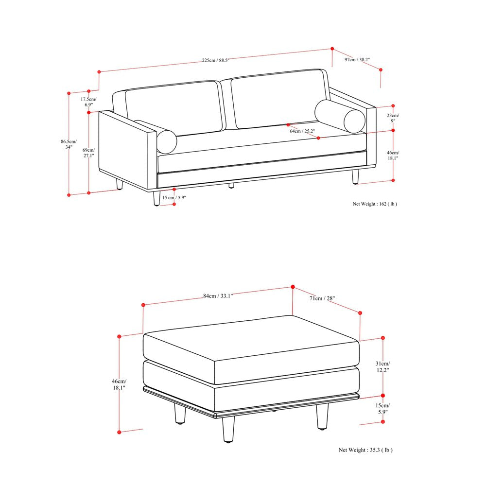 89" Gray Fabric Sofa With Ottoman With Brown Legs HomeRoots