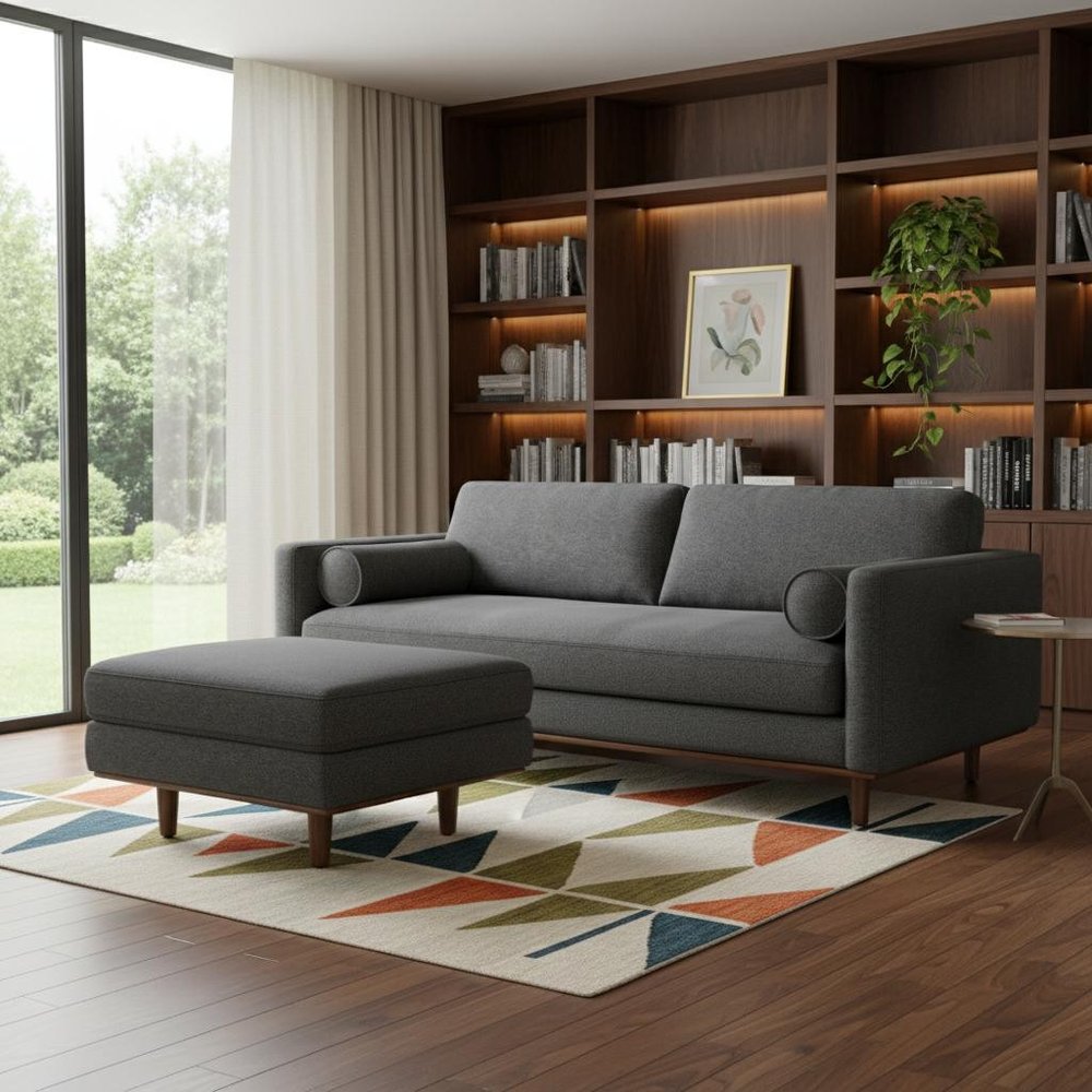 89" Gray Fabric Sofa With Ottoman With Brown Legs HomeRoots