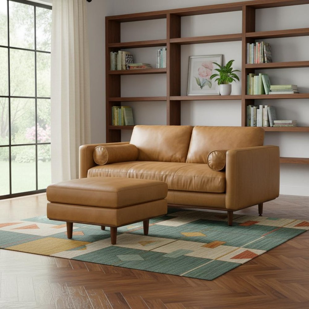 72" Sienna Leather Sofa With Ottoman With Brown Legs HomeRoots