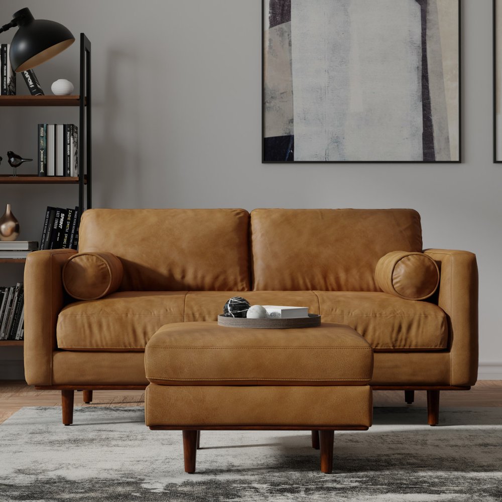 72" Sienna Leather Sofa With Ottoman With Brown Legs HomeRoots