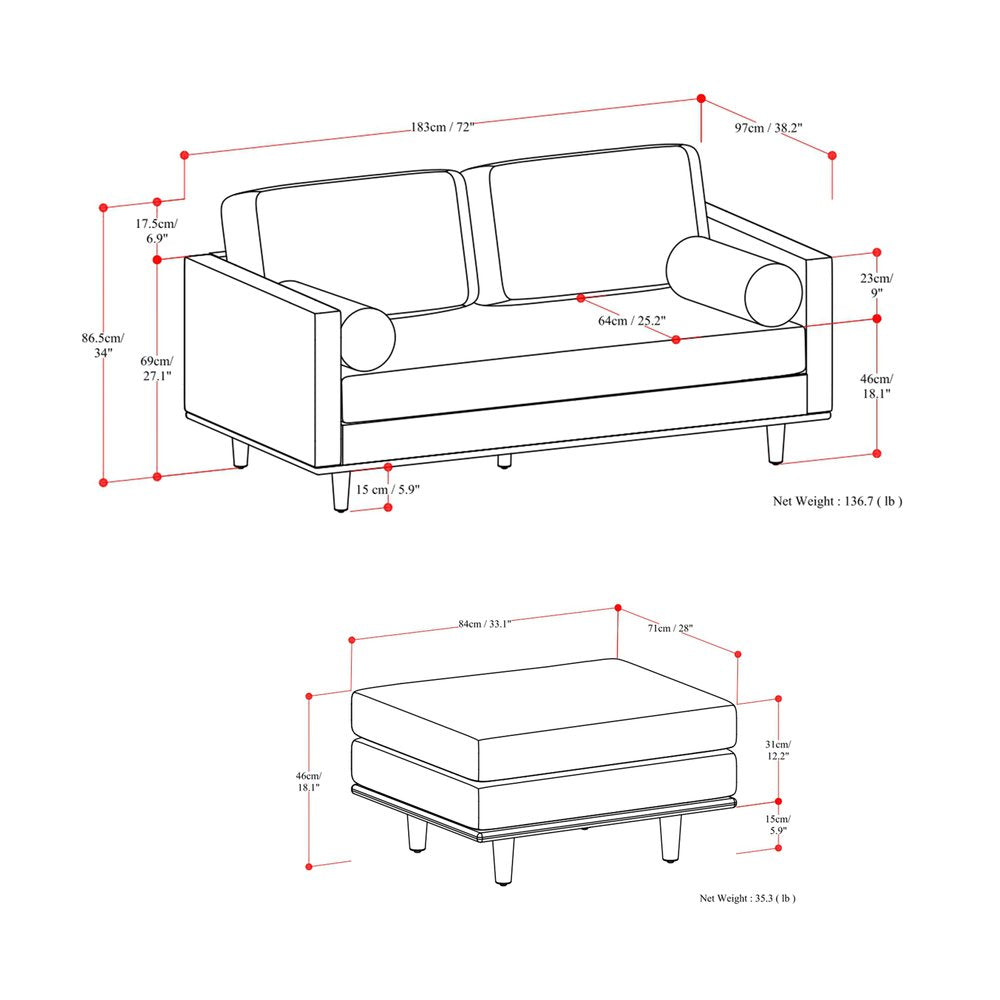 72" Sienna Leather Sofa With Ottoman With Brown Legs HomeRoots