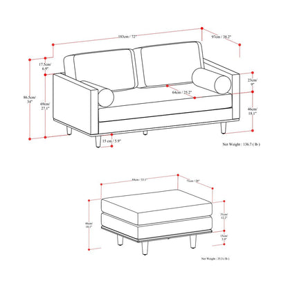 72" Sienna Leather Sofa With Ottoman With Brown Legs HomeRoots
