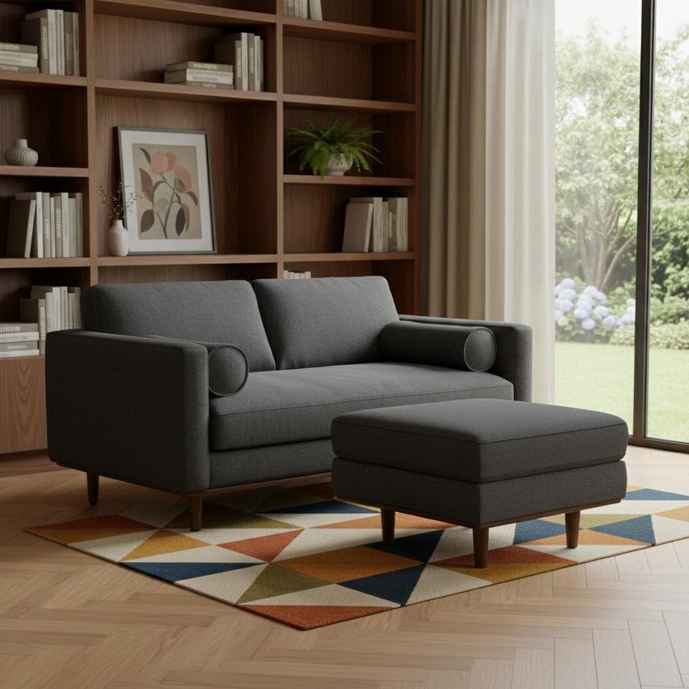 72" Gray Fabric Sofa With Ottoman With Brown Legs HomeRoots