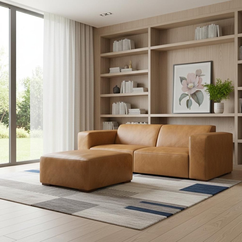 88" Sienna Leather Sofa With Ottoman With Brown Legs HomeRoots
