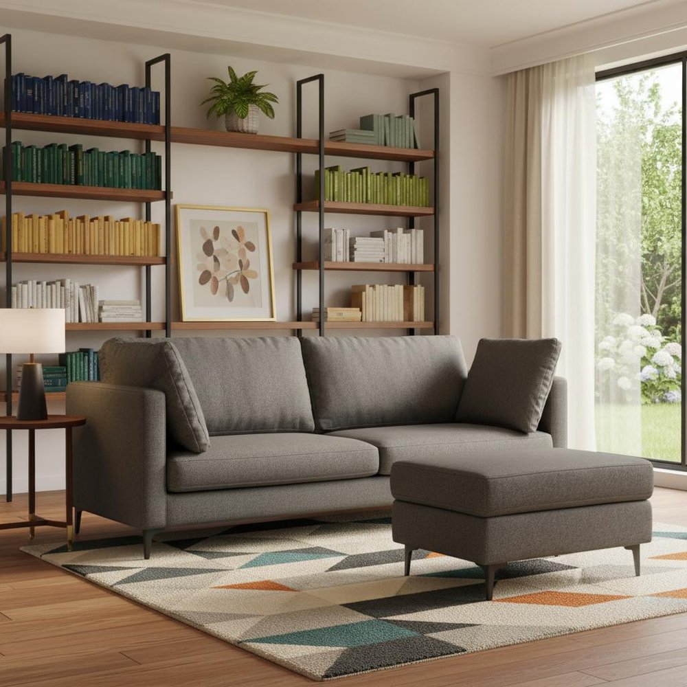90" Gray Fabric Sofa With Ottoman With Black Legs HomeRoots