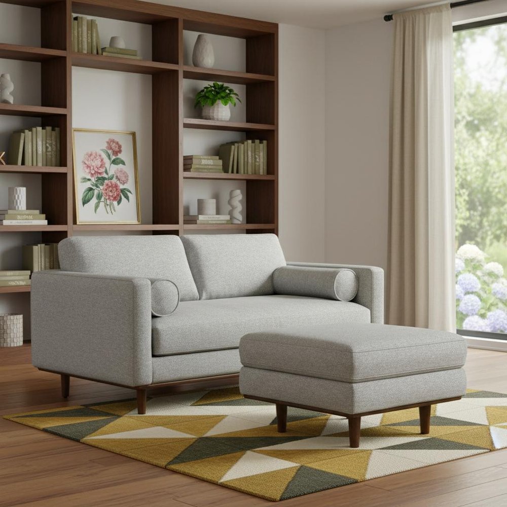 72" Gray Fabric Sofa With Ottoman With Brown Legs HomeRoots
